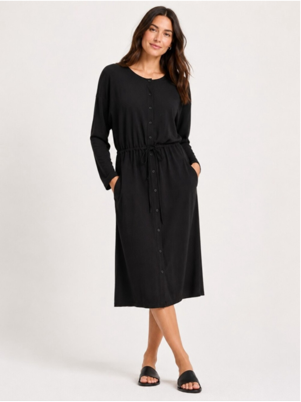 Eileen Fisher Black Drawstring Waist Button Front Dress – M